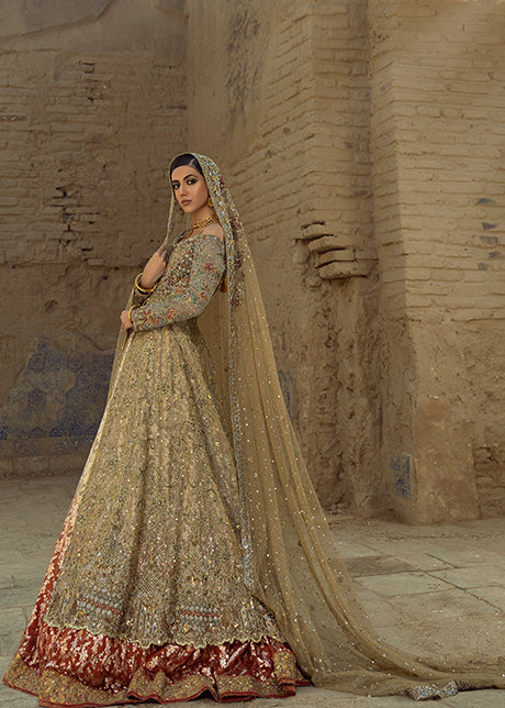 Pakistani Bronze Honey Gold Embellished Mesori Bridal Lehenga (3-Piece) - Image 6