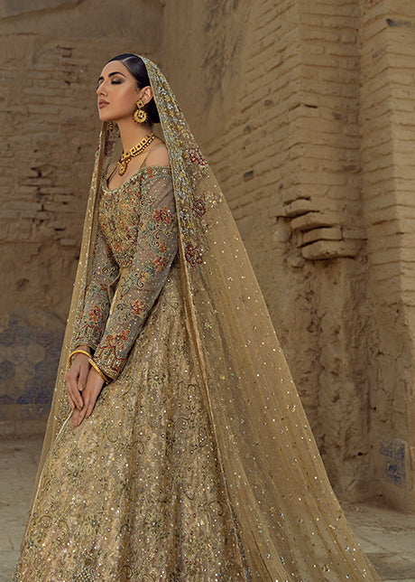 Pakistani Bronze Honey Gold Embellished Mesori Bridal Lehenga (3-Piece) - Image 7