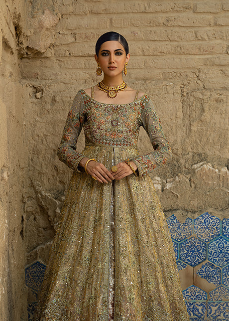 Pakistani Bronze Honey Gold Embellished Mesori Bridal Lehenga (3-Piece) - Image 8