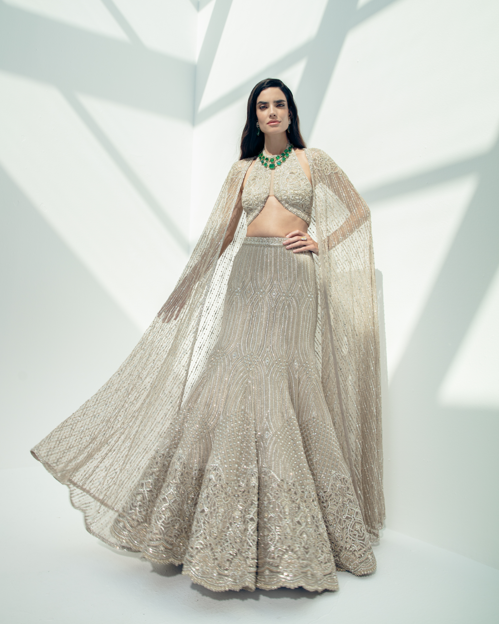 Champagne Embellished Metallic Lehenga with Cape (3-Piece) - Image 1