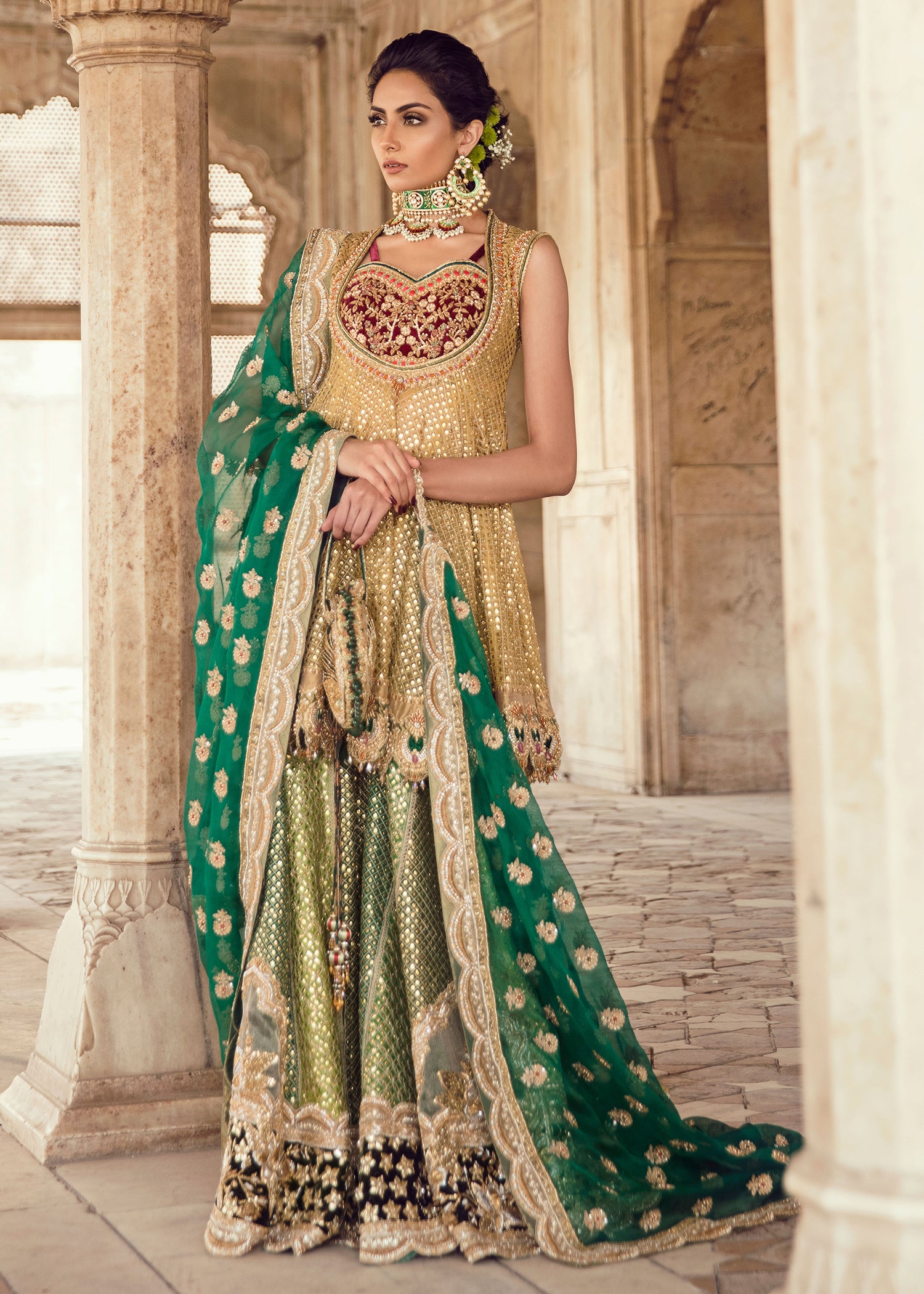 Gold and Green Mirrorwork Metallic Brocade Lehenga (3-Piece) - Image 1