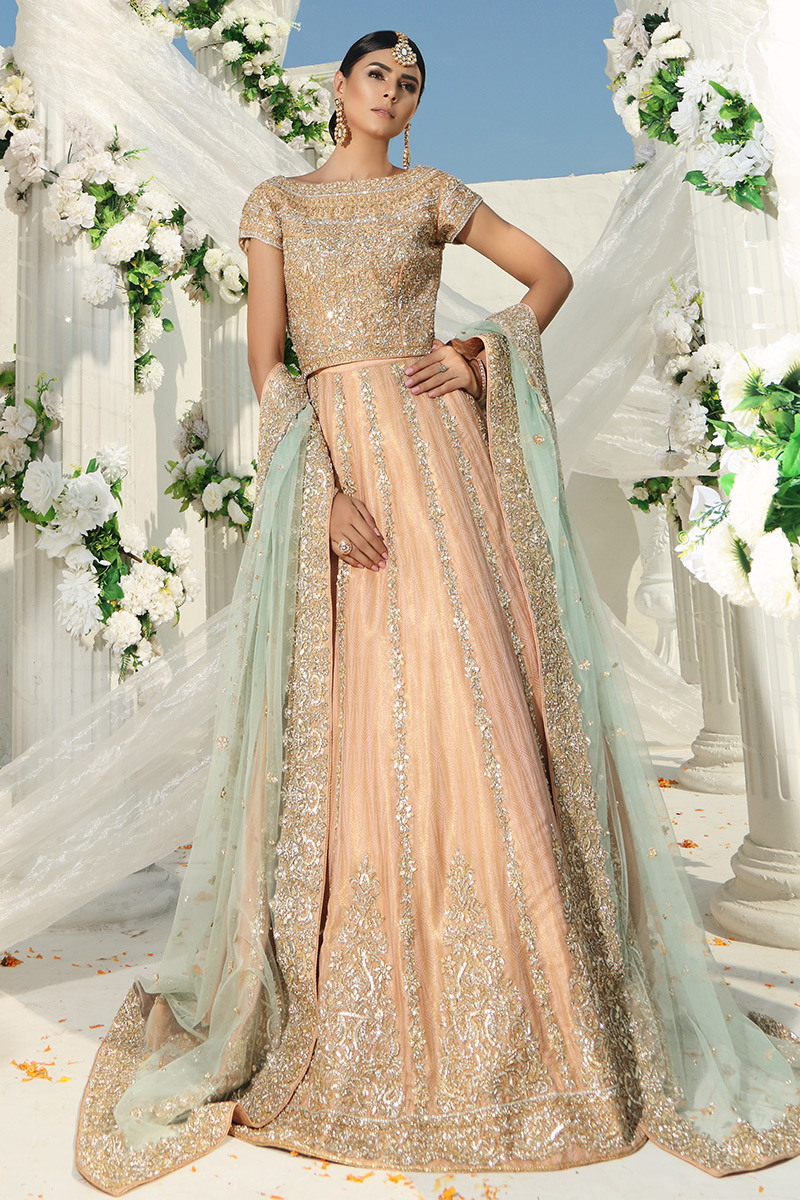 Pakistani Peach-Gold Gota Patti Jamawar Lehnga Choli (3-Piece) - Image 1