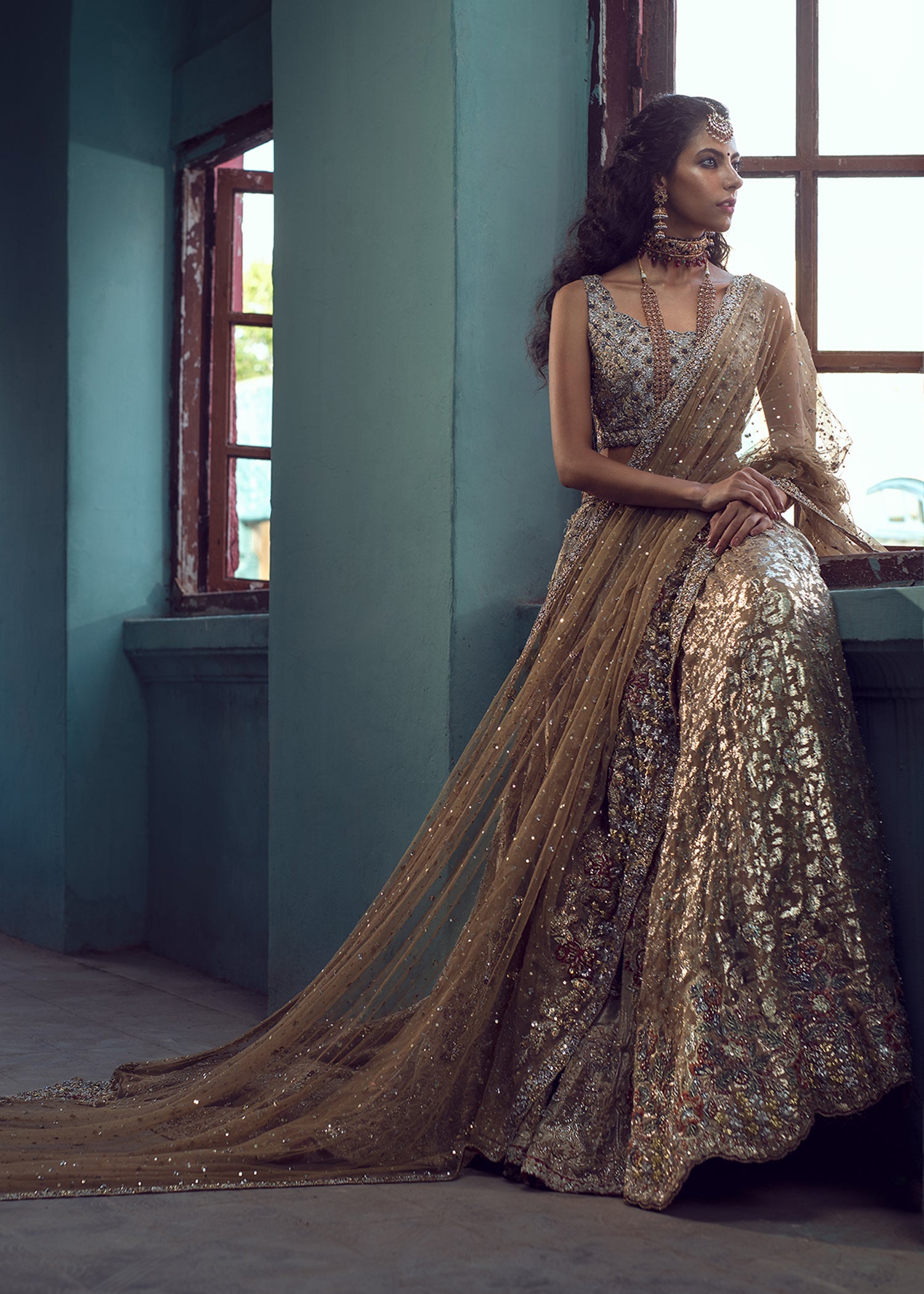 Gold Metallic Lame & Lurex Bridal Lehenga (3-Piece) - Image 1