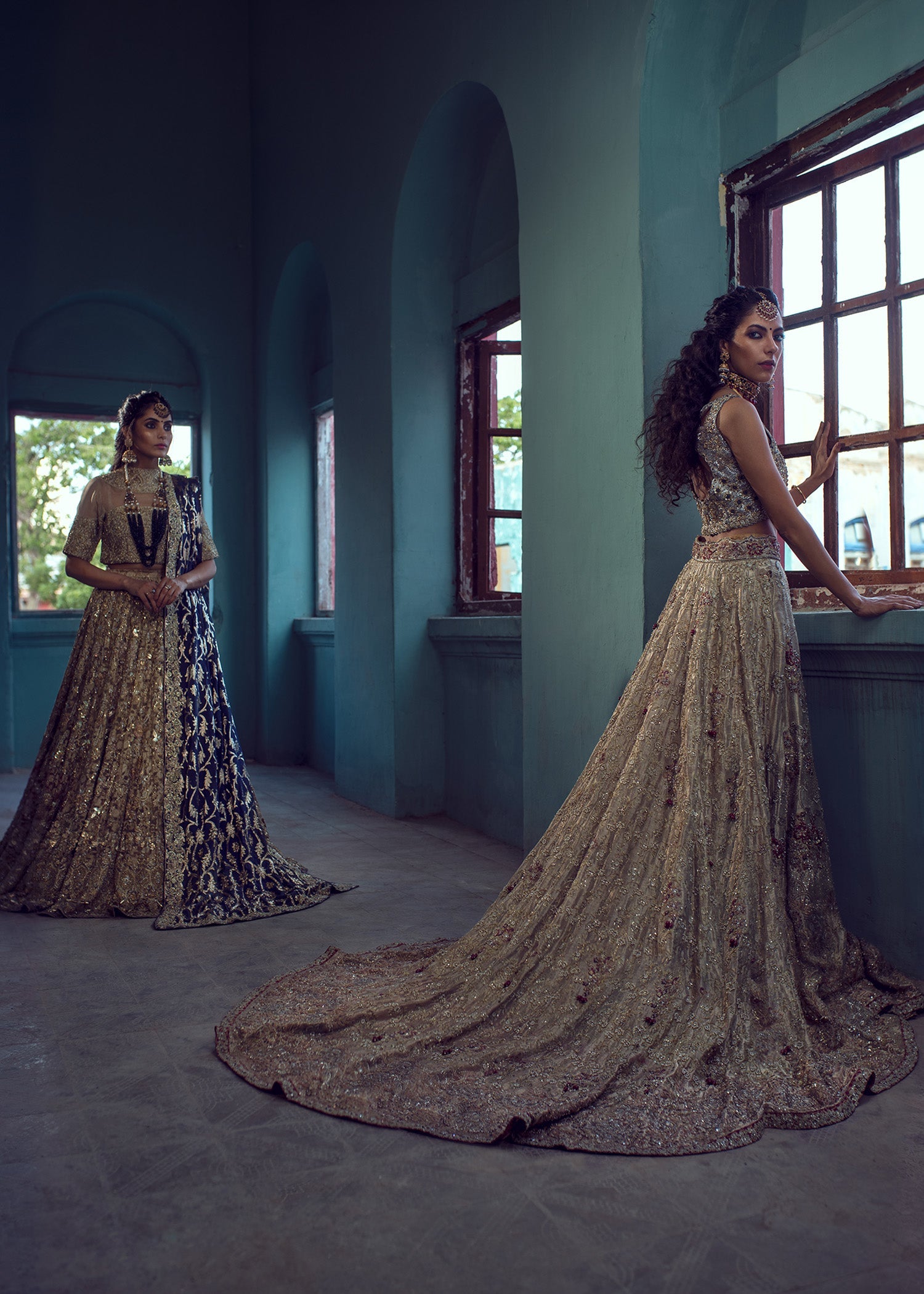 Gold Metallic Lame & Lurex Bridal Lehenga (3-Piece) - Image 2