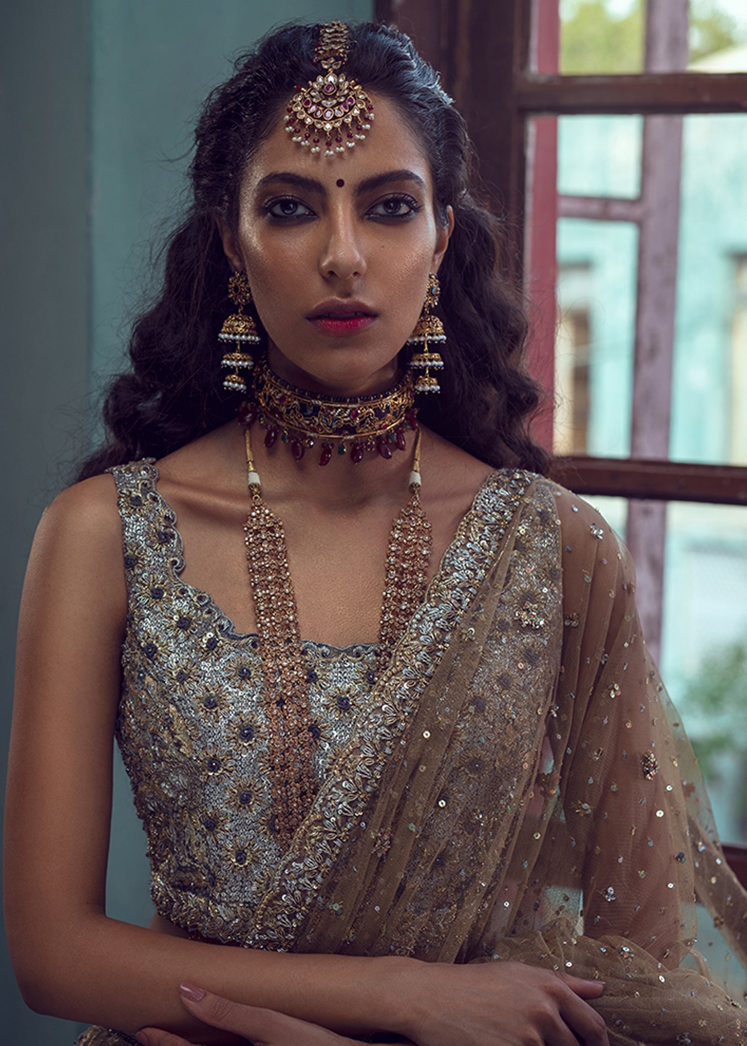 Gold Metallic Lame & Lurex Bridal Lehenga (3-Piece) - Image 3