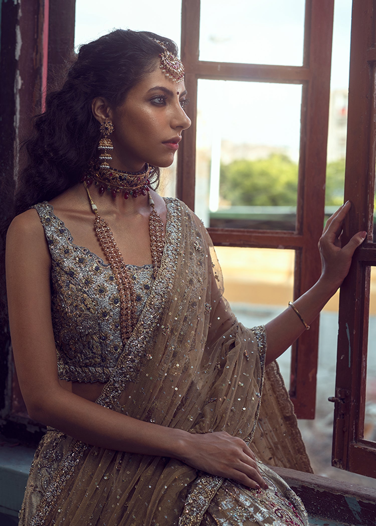 Gold Metallic Lame & Lurex Bridal Lehenga (3-Piece) - Image 4