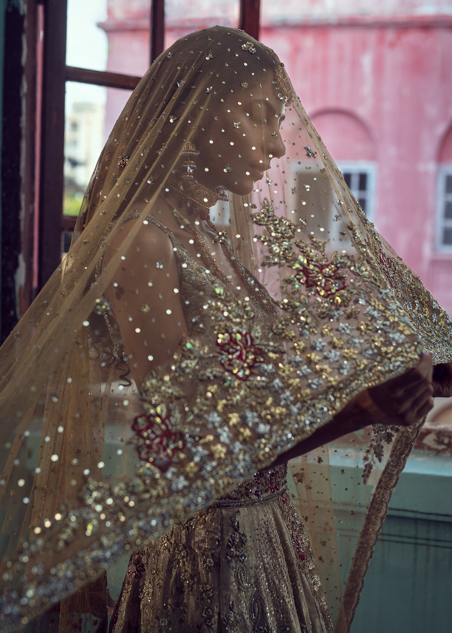 Gold Metallic Lame & Lurex Bridal Lehenga (3-Piece) - Image 5