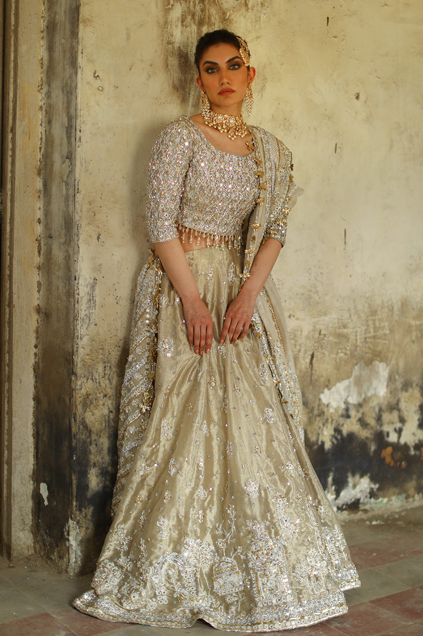 Pakistani Gold Gota Zardozi Silk Lehenga Choli (3-Piece) - Image 1