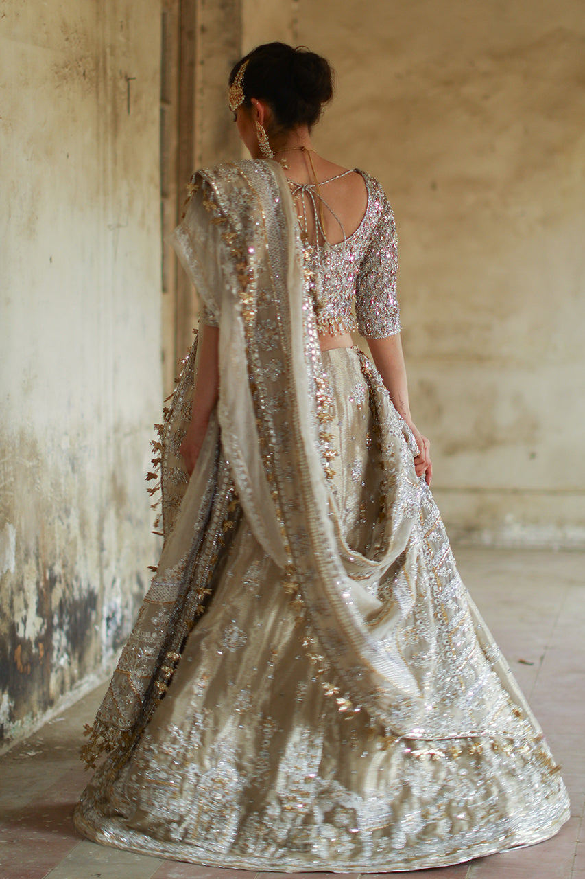 Pakistani Gold Gota Zardozi Silk Lehenga Choli (3-Piece) - Image 2