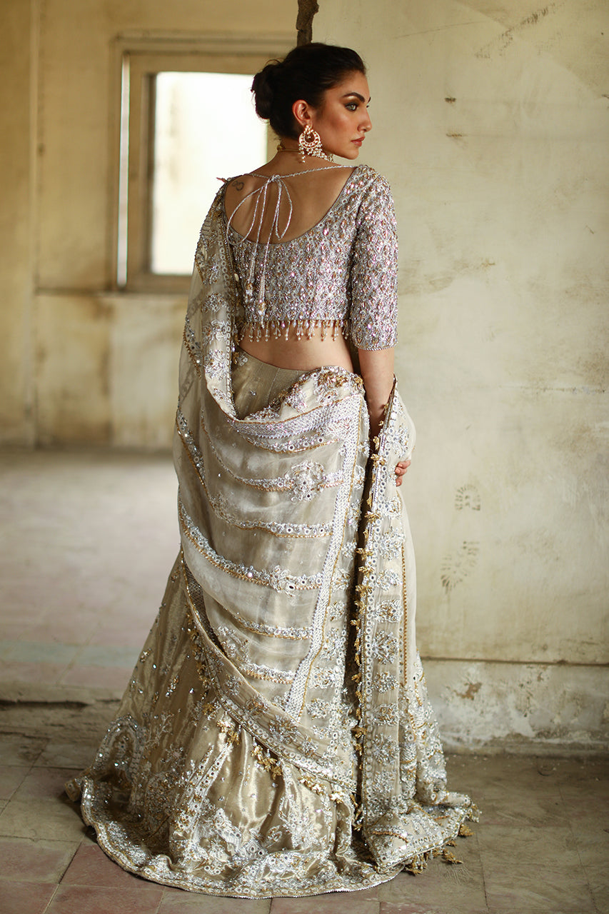 Pakistani Gold Gota Zardozi Silk Lehenga Choli (3-Piece) - Image 4