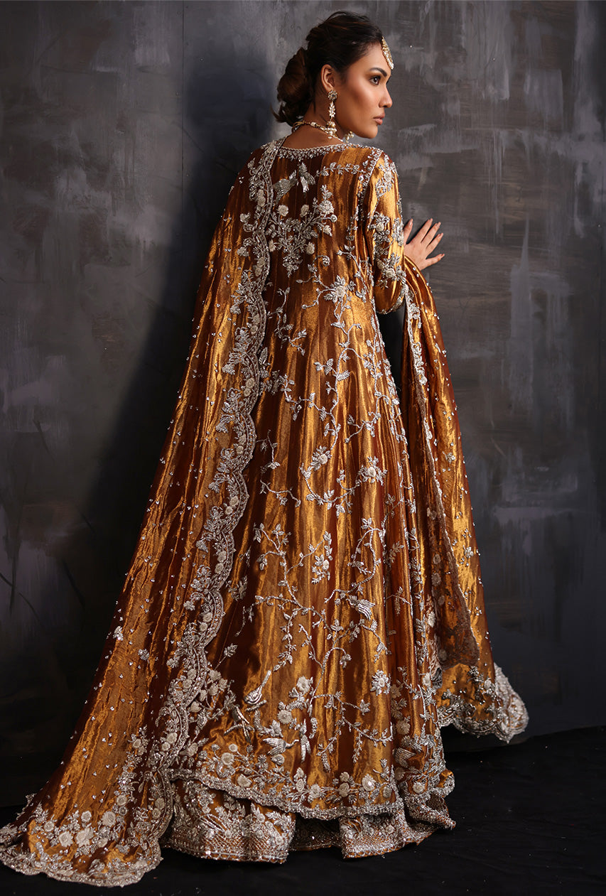 Pakistani Hammered Copper Zardozi Metallic Silk Kalidaar & Lehenga (3-Piece) - Image 2