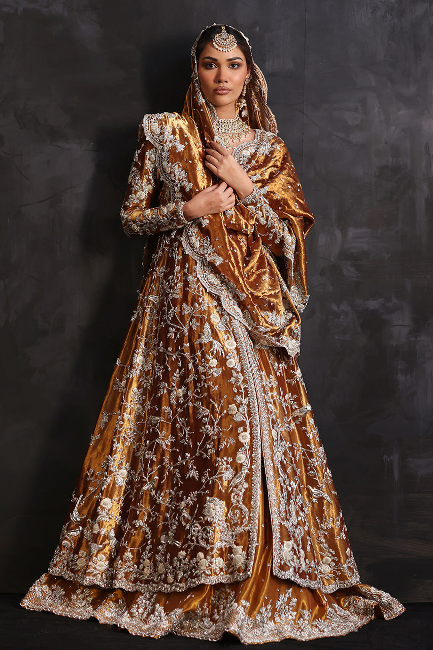 Pakistani Hammered Copper Zardozi Metallic Silk Kalidaar & Lehenga (3-Piece) - Image 3