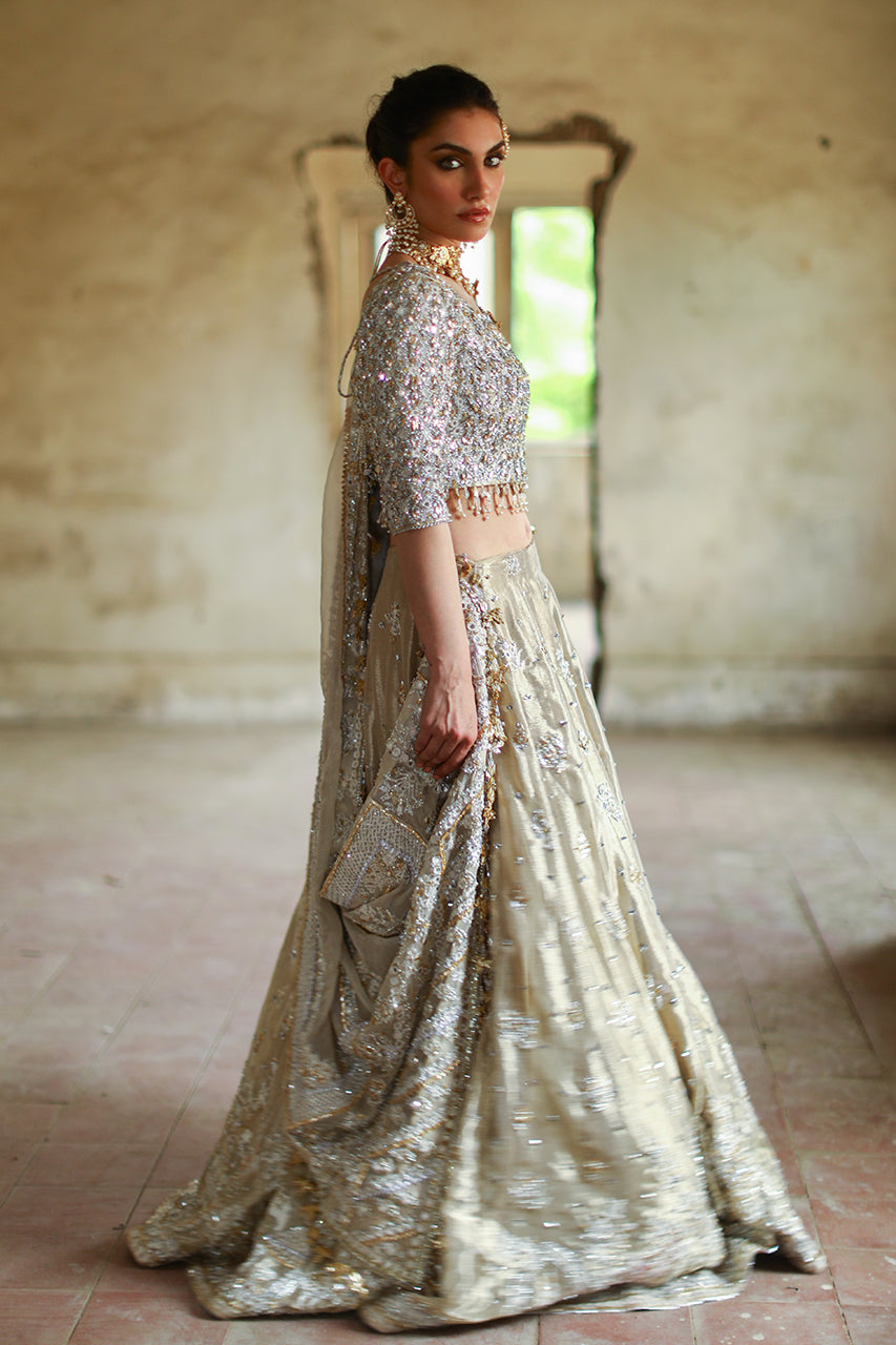 Gold Zardozi & Gota Metallic Silk Lehenga Choli (3-Piece) - Image 7