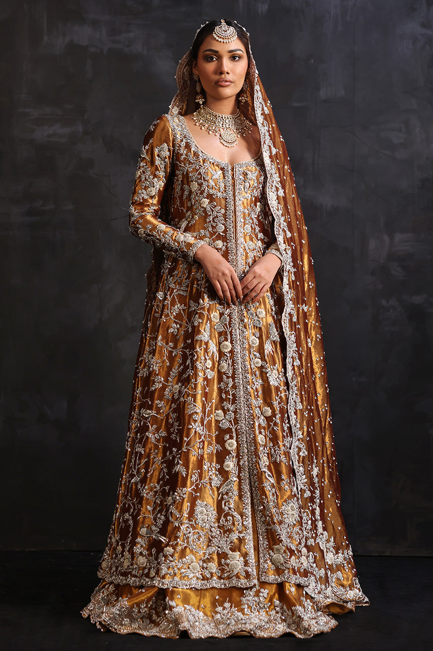 Indian Hammered Copper Zardozi Metallic Silk Kalidaar & Lehnga (3-Piece) - Image 1