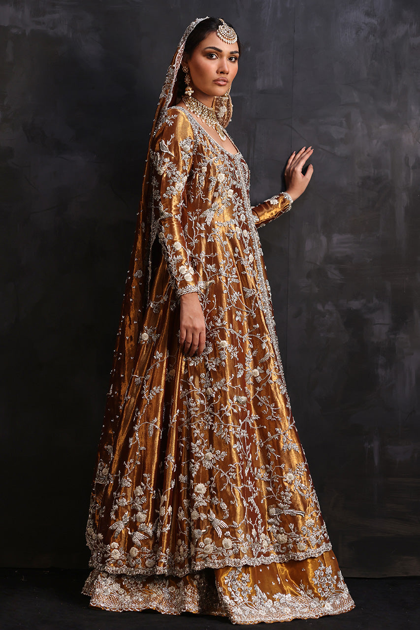 Indian Hammered Copper Zardozi Metallic Silk Kalidaar & Lehnga (3-Piece) - Image 4