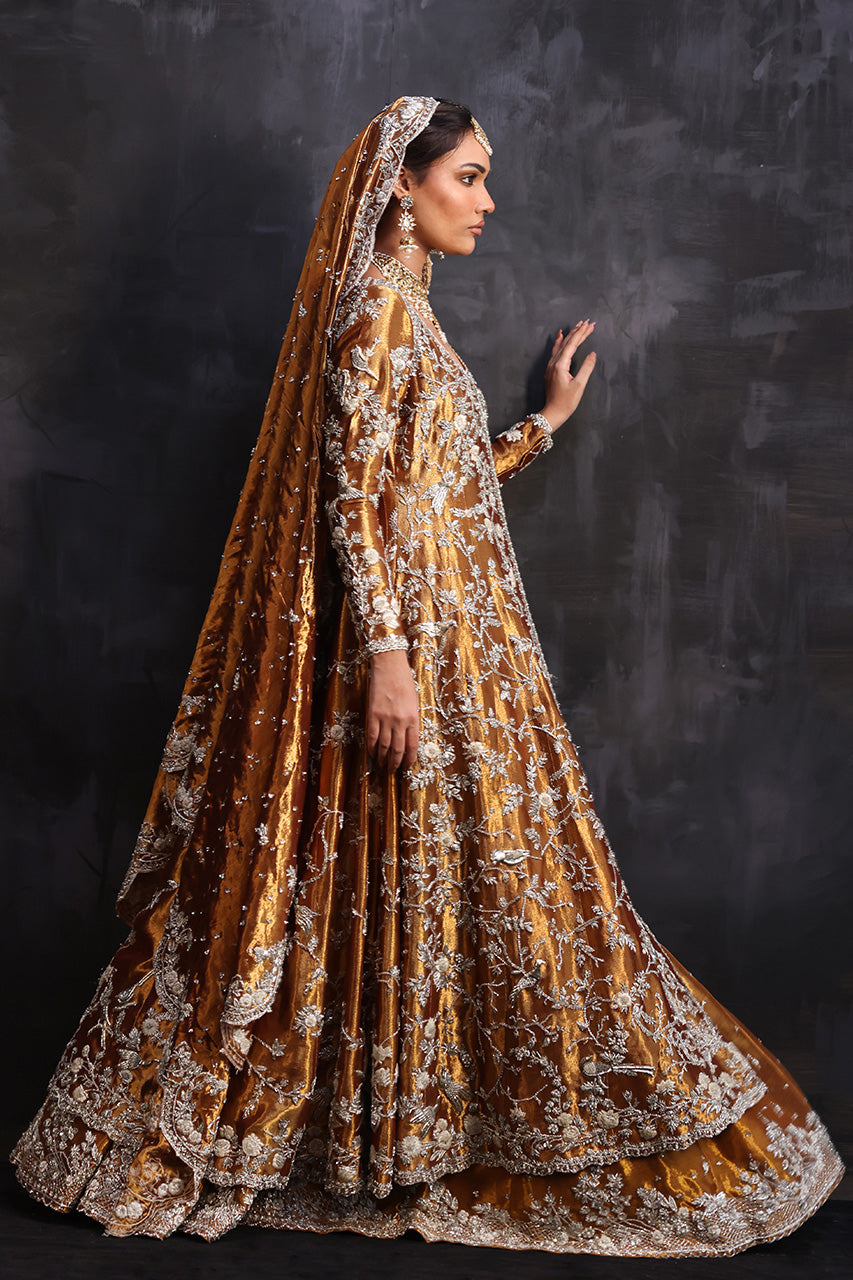 Indian Hammered Copper Zardozi Metallic Silk Kalidaar & Lehnga (3-Piece) - Image 5