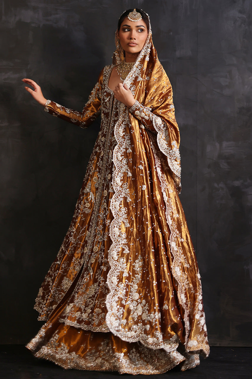 Indian Hammered Copper Zardozi Metallic Silk Kalidaar & Lehnga (3-Piece) - Image 6