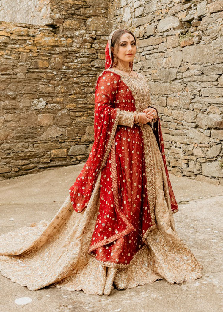 Deep Red Gold Embellished Tissue Bridal Lehenga (3-Piece) - Image 1