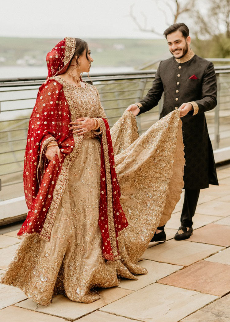 Deep Red Gold Embellished Tissue Bridal Lehenga (3-Piece) - Image 2