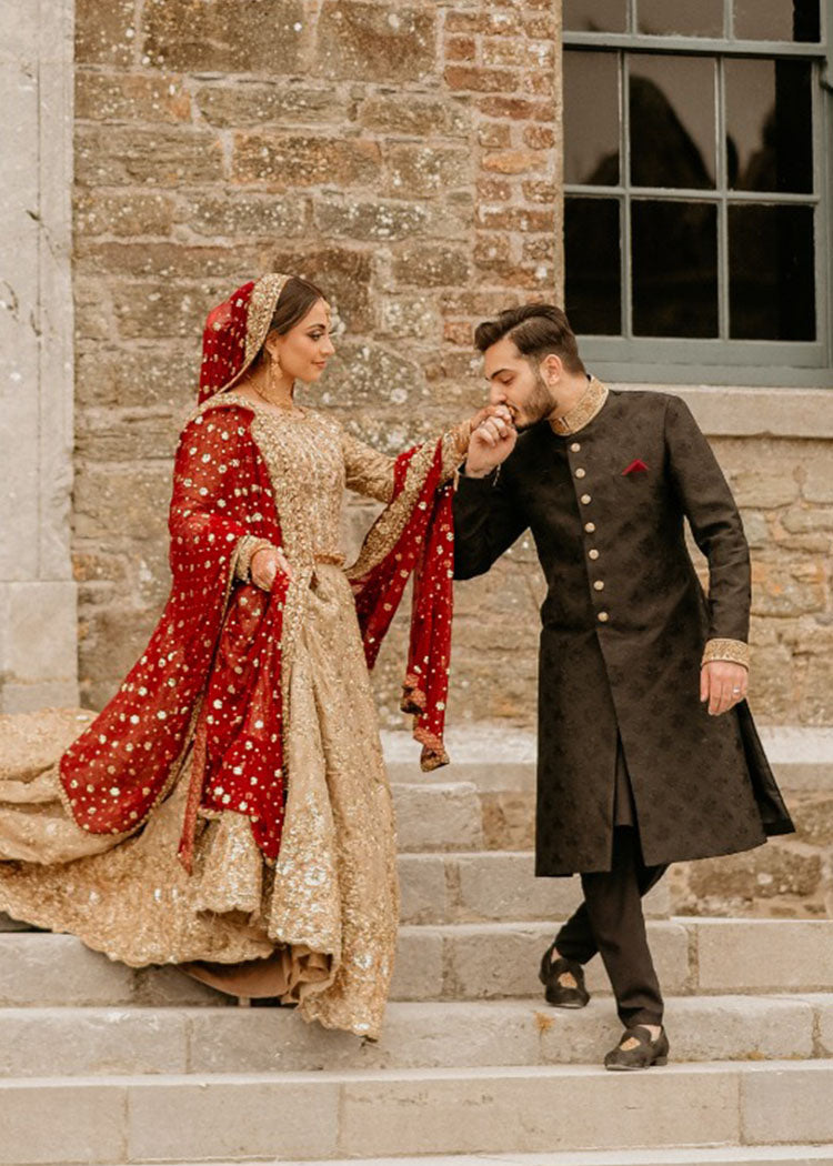 Deep Red Gold Embellished Tissue Bridal Lehenga (3-Piece) - Image 3