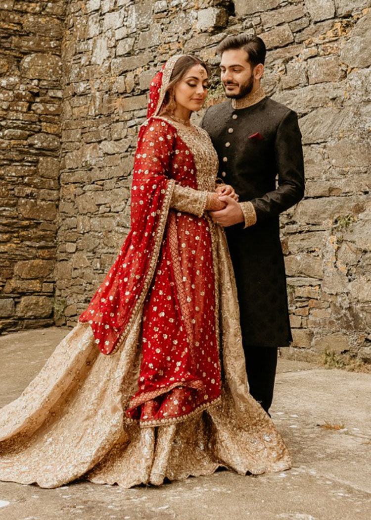 Deep Red Gold Embellished Tissue Bridal Lehenga (3-Piece) - Image 4