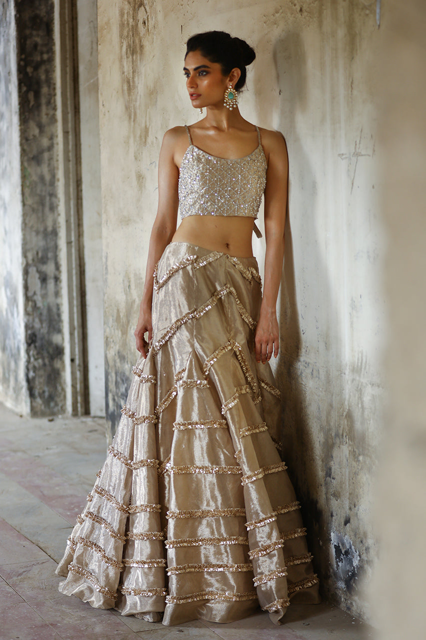 Gold Metallic Tissue Silk Lehenga with Silver Beaded Blouse (2-Piece) - Image 2