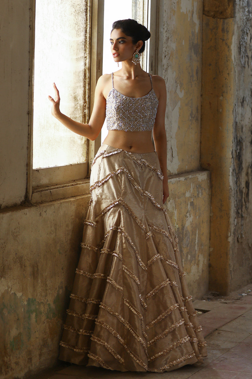 Gold Metallic Tissue Silk Lehenga with Silver Beaded Blouse (2-Piece) - Image 4
