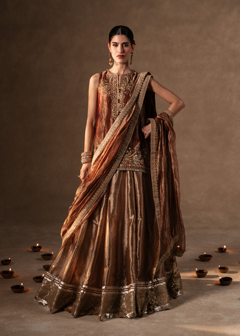 Pakistani Metallic Gold Zardozi Tissue Lehenga Choli (3-Piece) - Image 1