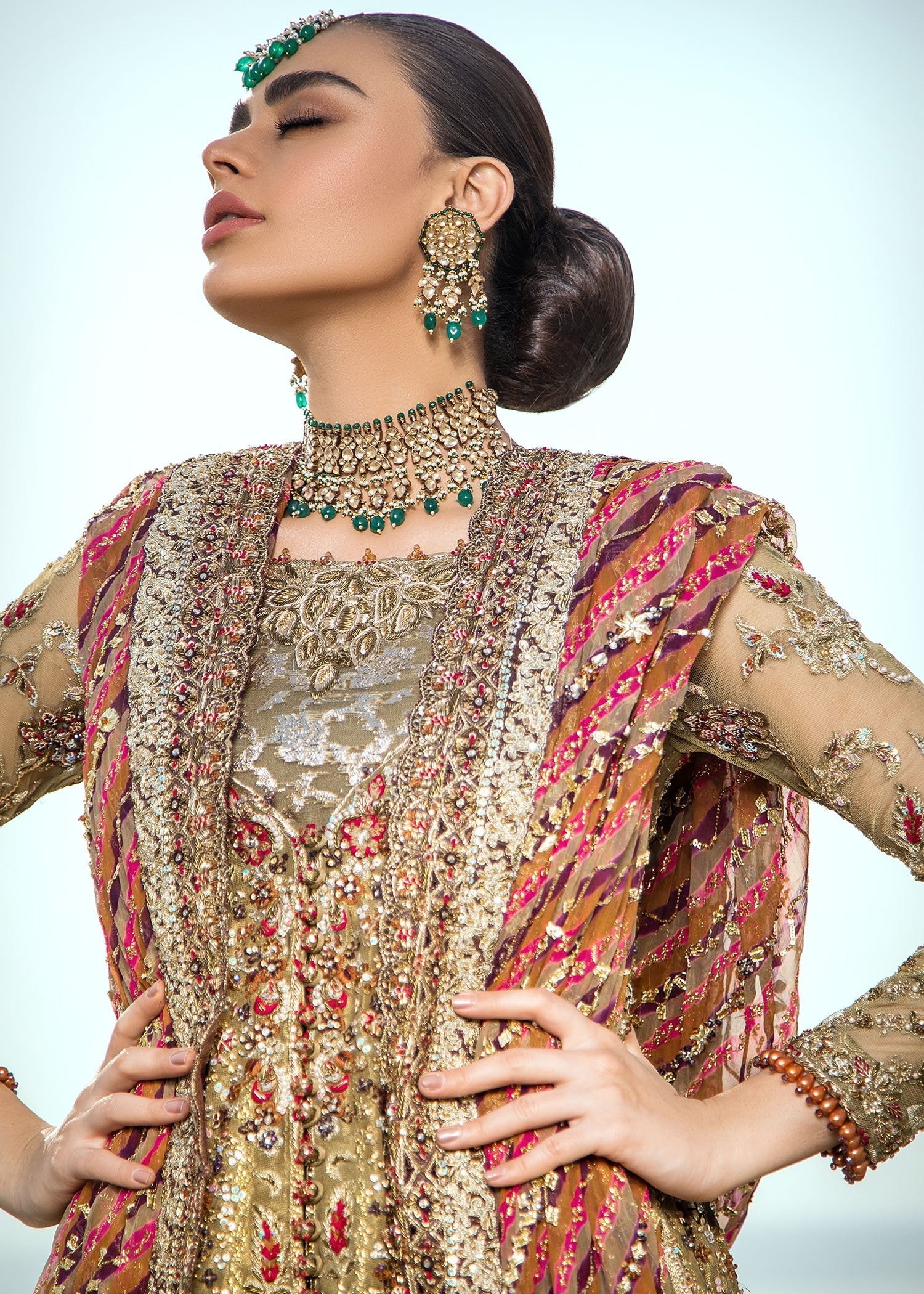 Pakistani Antique Gold Embellished Metallic Tissue Bridal Lehenga (3-Piece) - Image 2