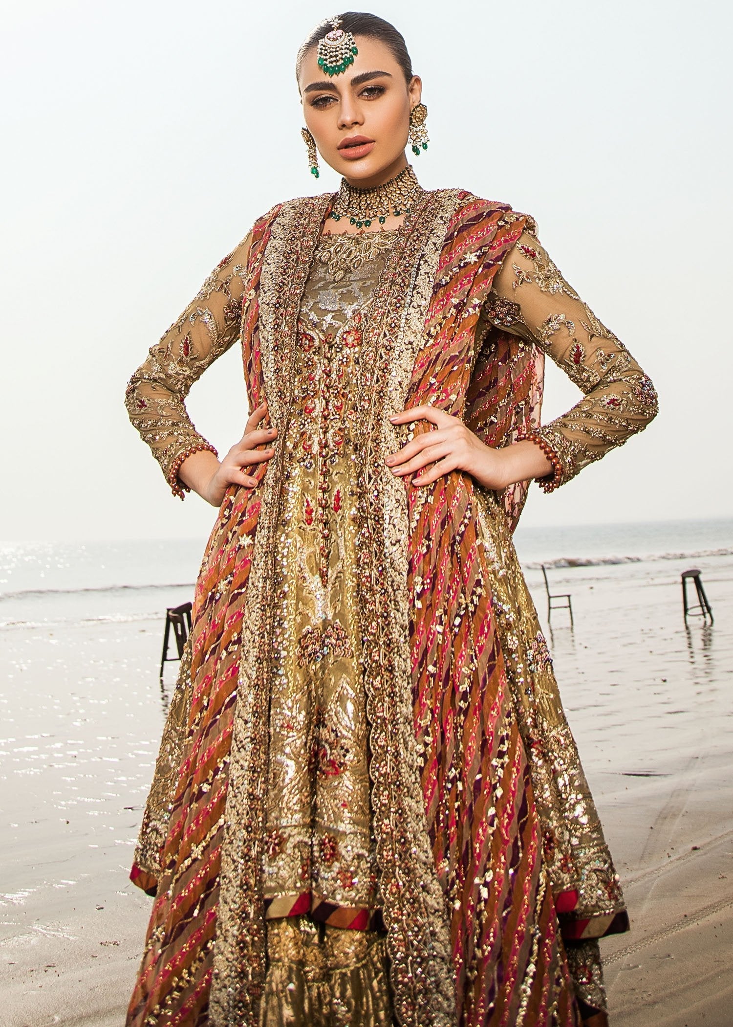 Pakistani Antique Gold Embellished Metallic Tissue Bridal Lehenga (3-Piece) - Image 3