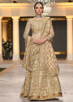 Pakistani Antique White & Gold Embroidered Meysori Organza Lehenga (3-Piece) - Image 3