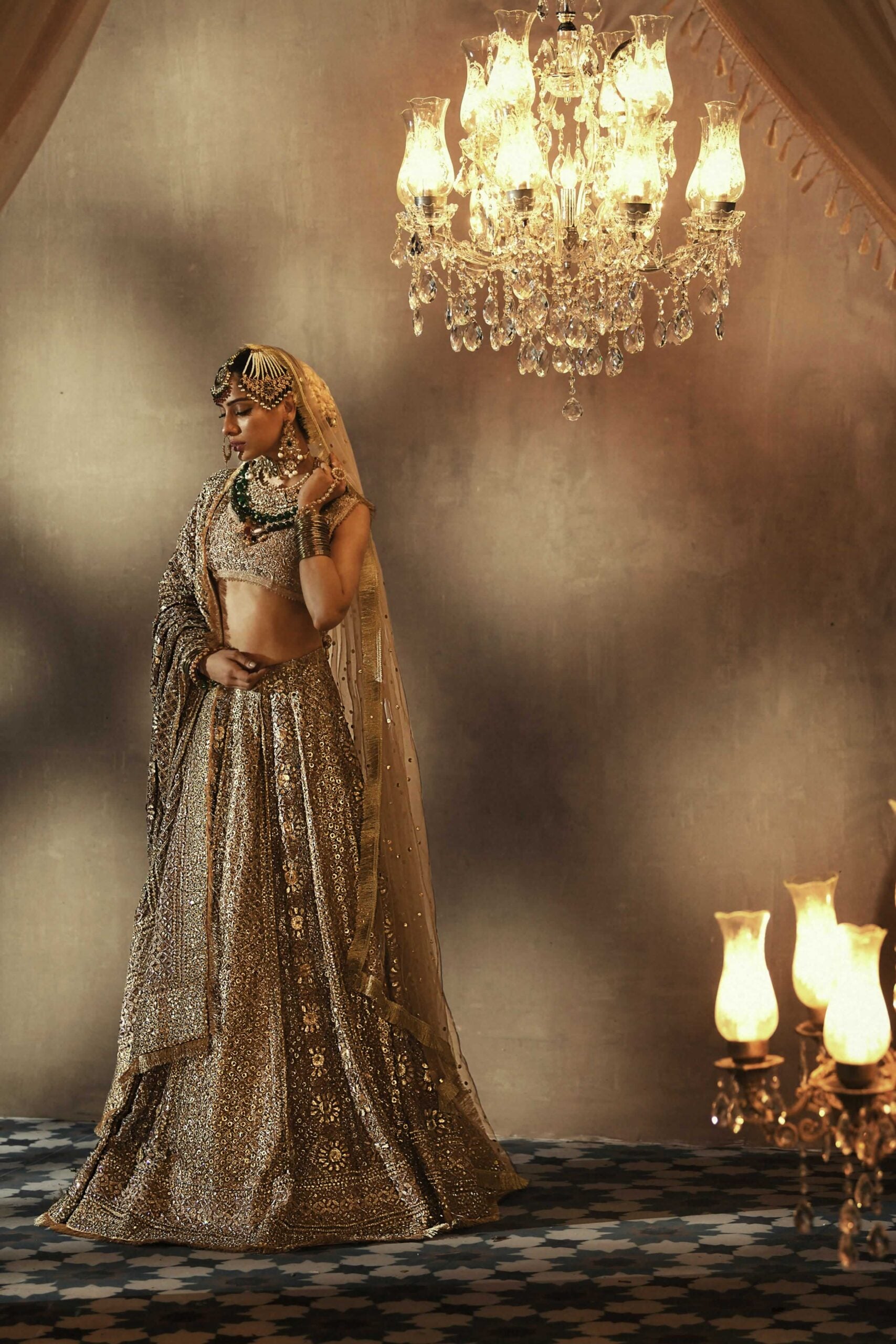 Pakistani Gold Mukesh Net Bridal Lehenga Choli (3-Piece) - Image 1