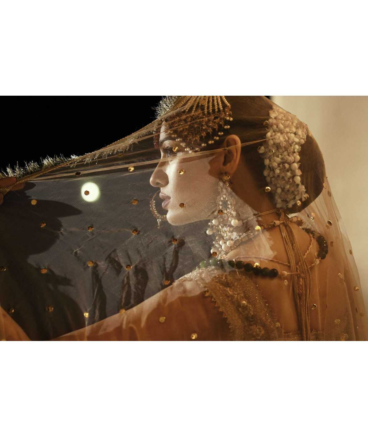 Pakistani Gold Mukesh Net Bridal Lehenga Choli (3-Piece) - Image 3