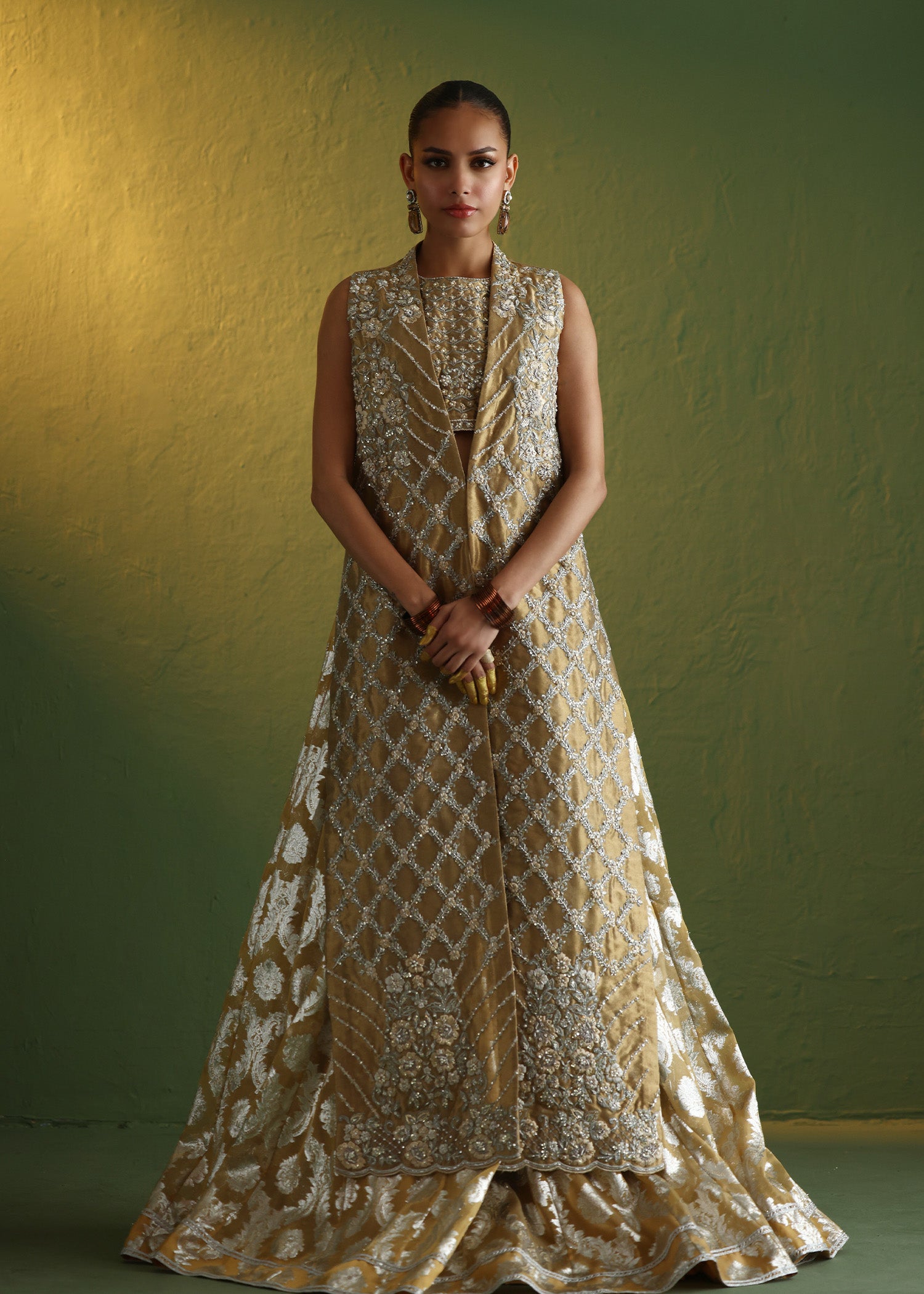 Golden Embroidered French Lama Jacket & Organza Lehenga (2-Piece) - Image 1