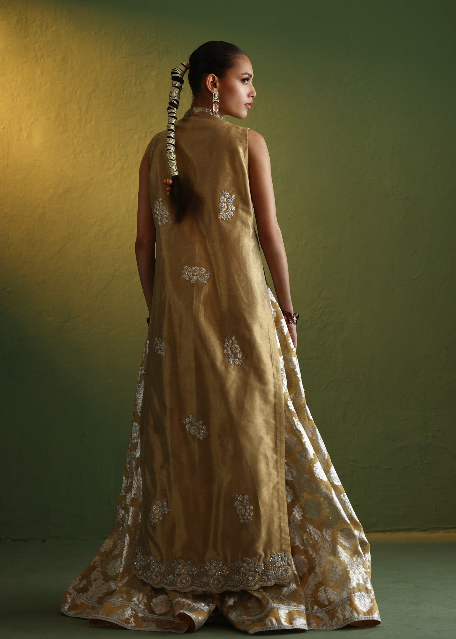 Golden Embroidered French Lama Jacket & Organza Lehenga (2-Piece) - Image 2
