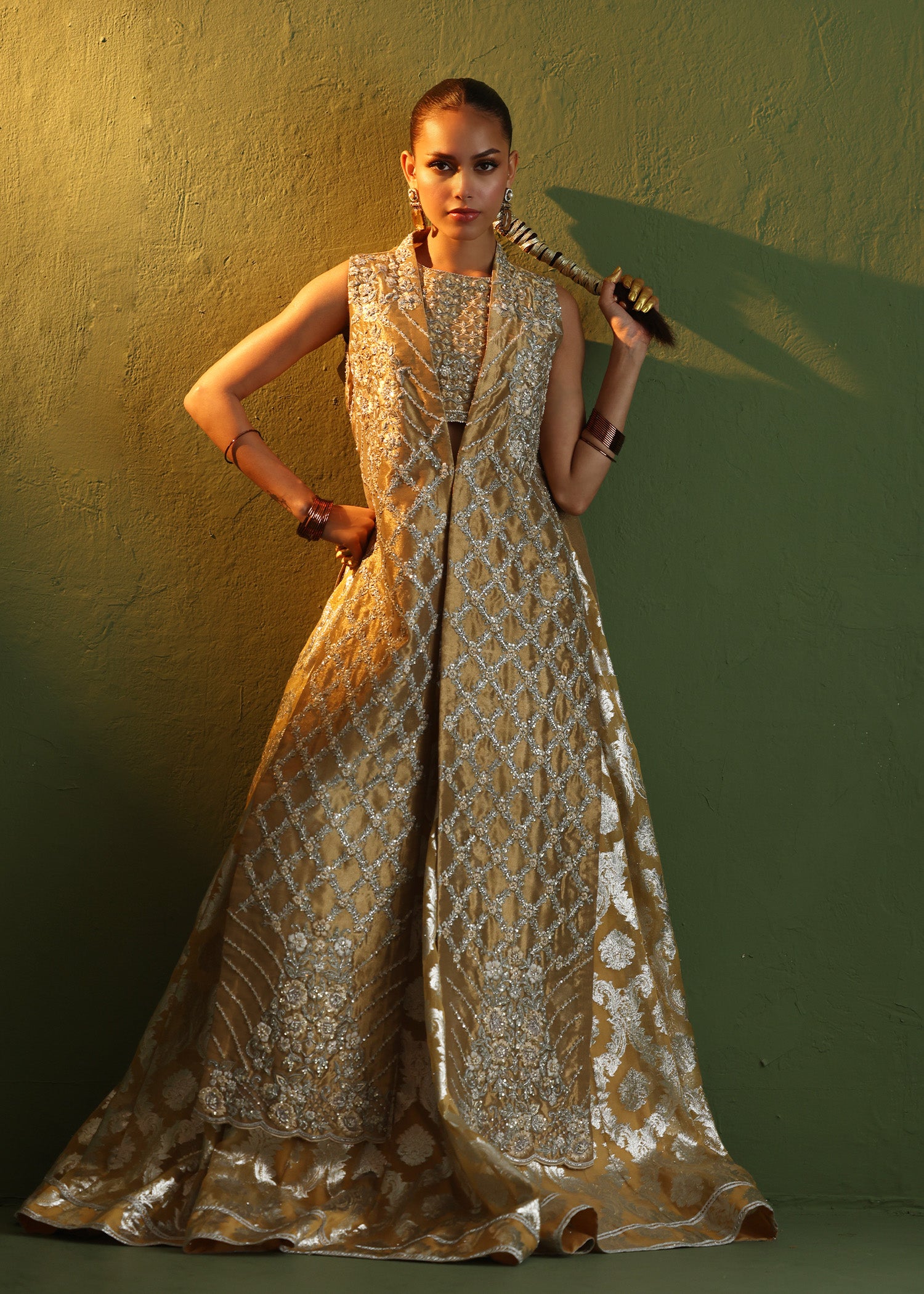 Golden Embroidered French Lama Jacket & Organza Lehenga (2-Piece) - Image 3