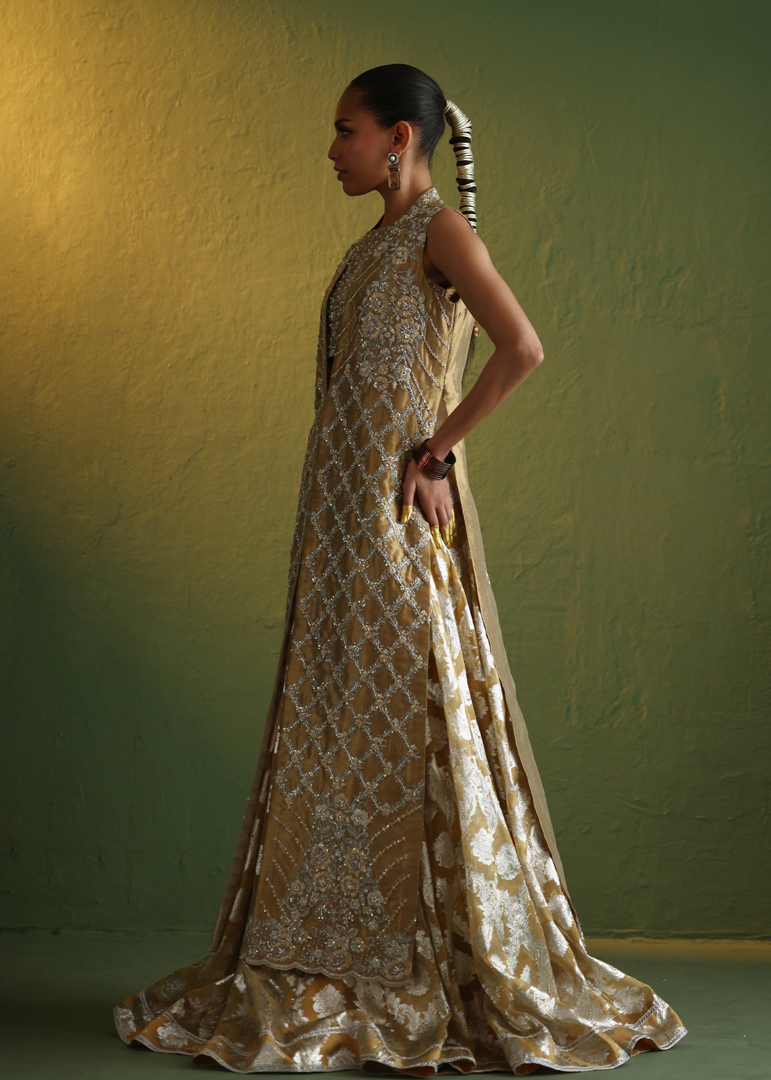 Golden Embroidered French Lama Jacket & Organza Lehenga (2-Piece) - Image 4