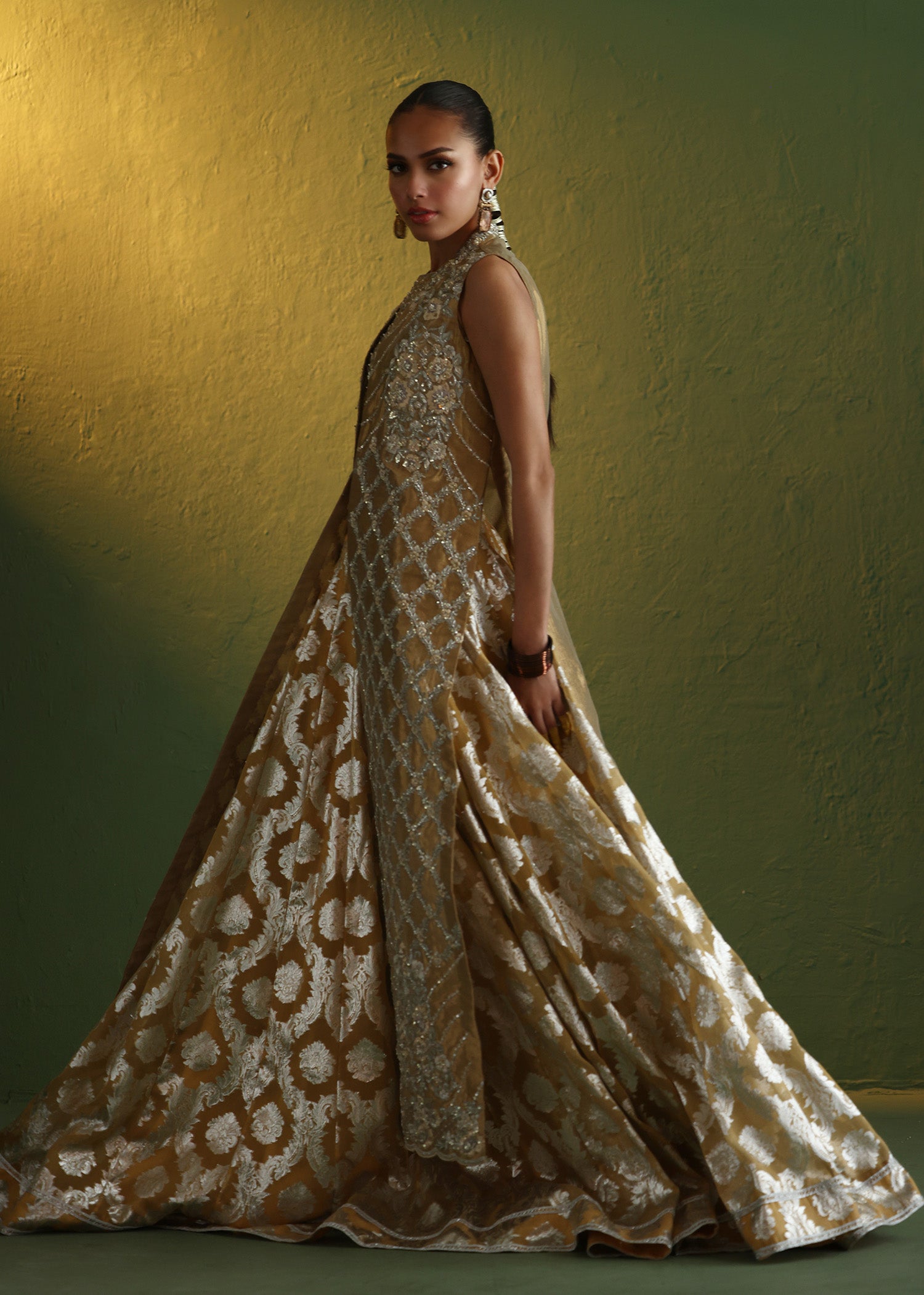 Golden Embroidered French Lama Jacket & Organza Lehenga (2-Piece) - Image 5