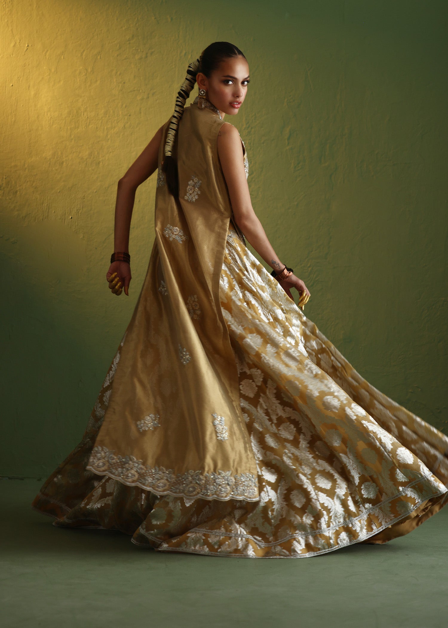 Golden Embroidered French Lama Jacket & Organza Lehenga (2-Piece) - Image 6