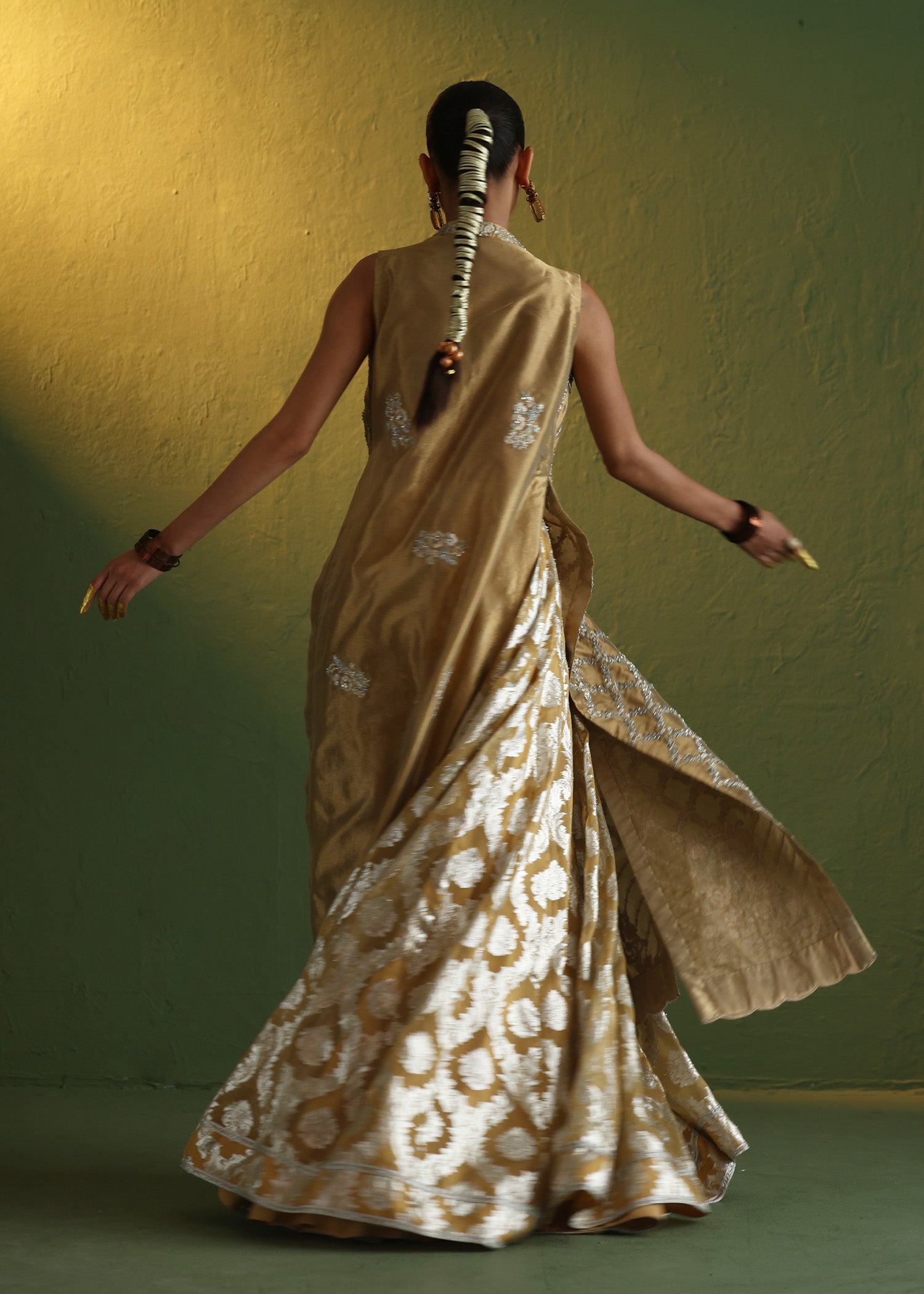 Golden Embroidered French Lama Jacket & Organza Lehenga (2-Piece) - Image 8