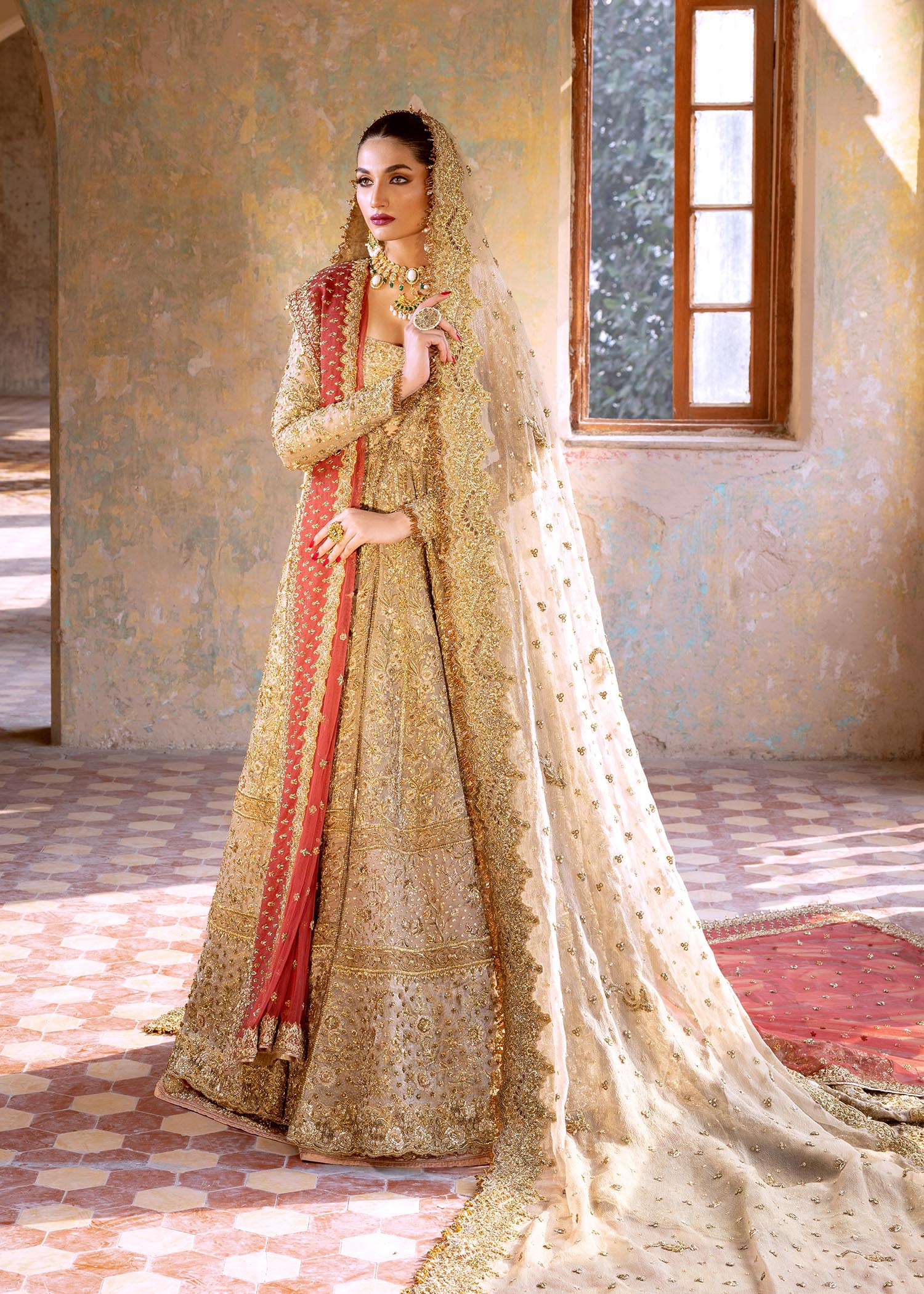 Champagne Gold Embroidered Mysore Silk Bridal Jacket Lehenga (3-Piece) - Image 4