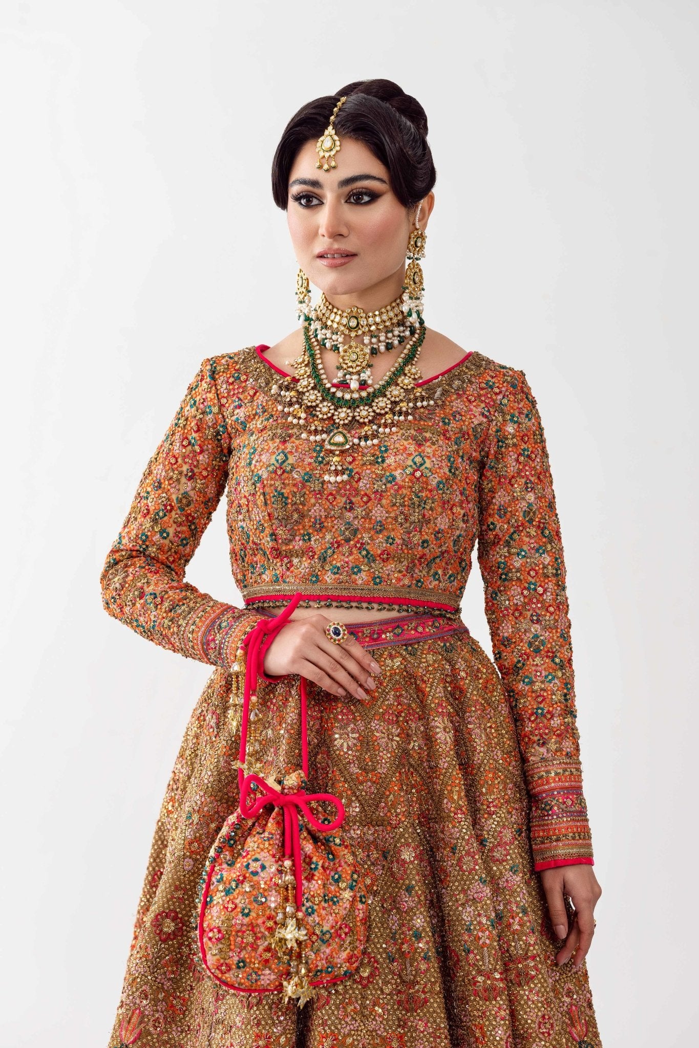 Pakistani Mustard Gold Embroidered Net Bridal Lehenga (4-Piece) - Image 5