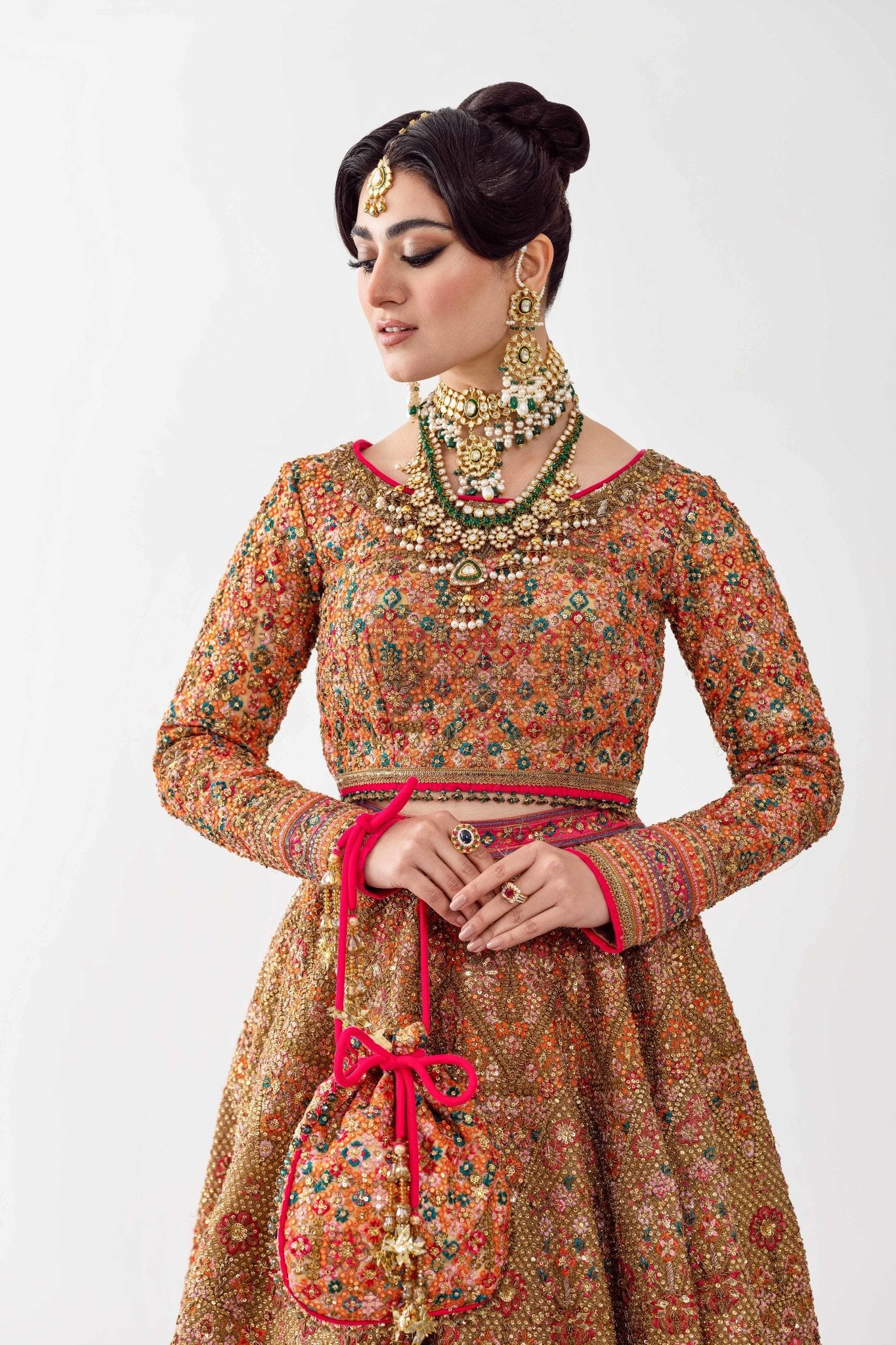 Pakistani Mustard Gold Embroidered Net Bridal Lehenga (4-Piece) - Image 6