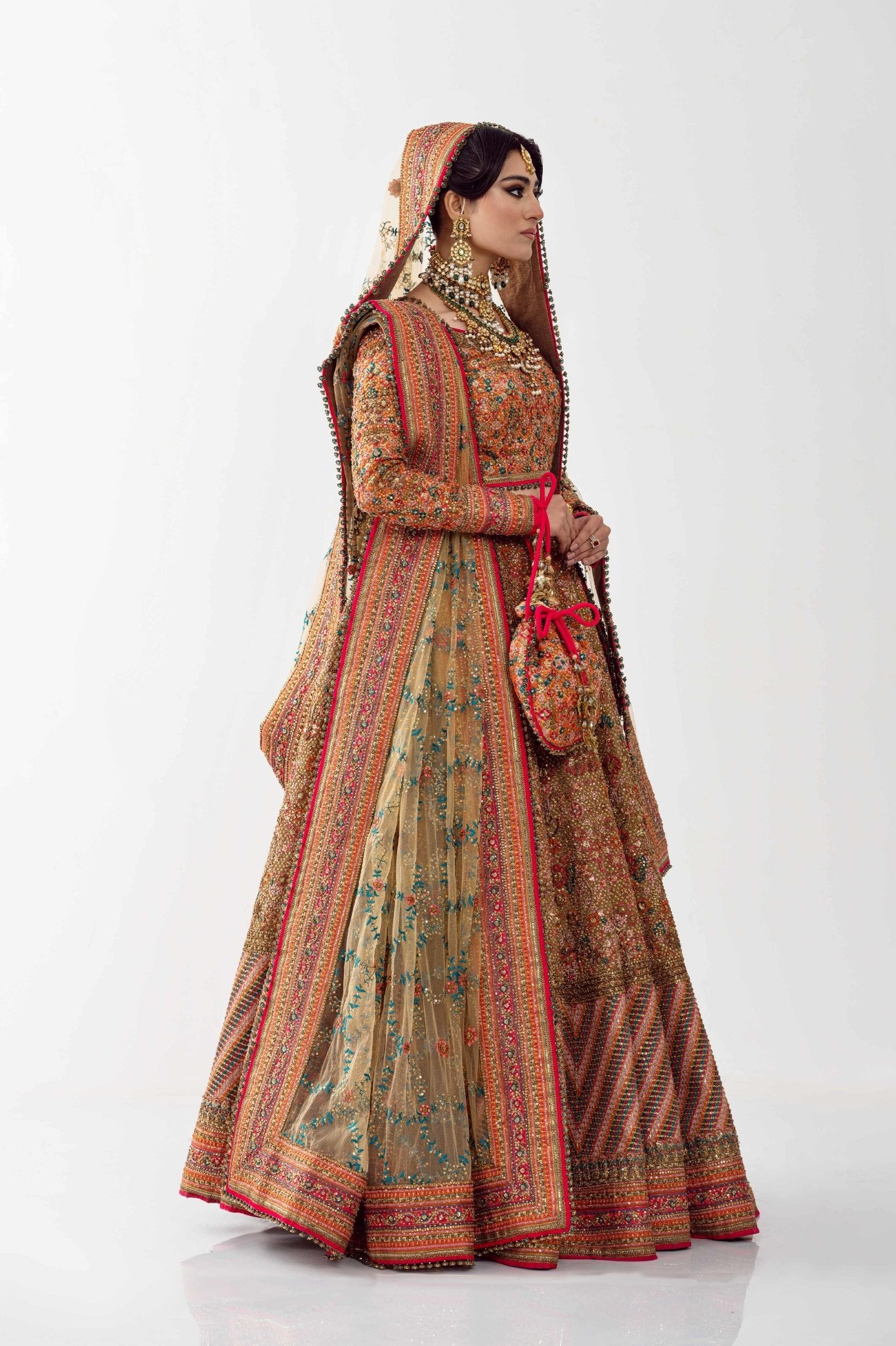 Pakistani Mustard Gold Embroidered Net Bridal Lehenga (4-Piece) - Image 7