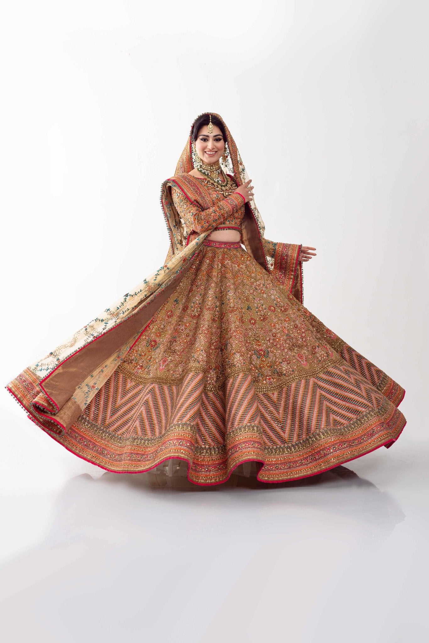Pakistani Mustard Gold Embroidered Net Bridal Lehenga (4-Piece) - Image 8