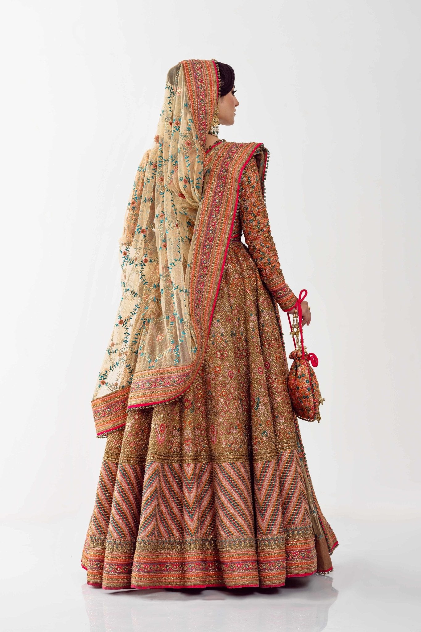 Pakistani Mustard Gold Embroidered Net Bridal Lehenga (4-Piece) - Image 9