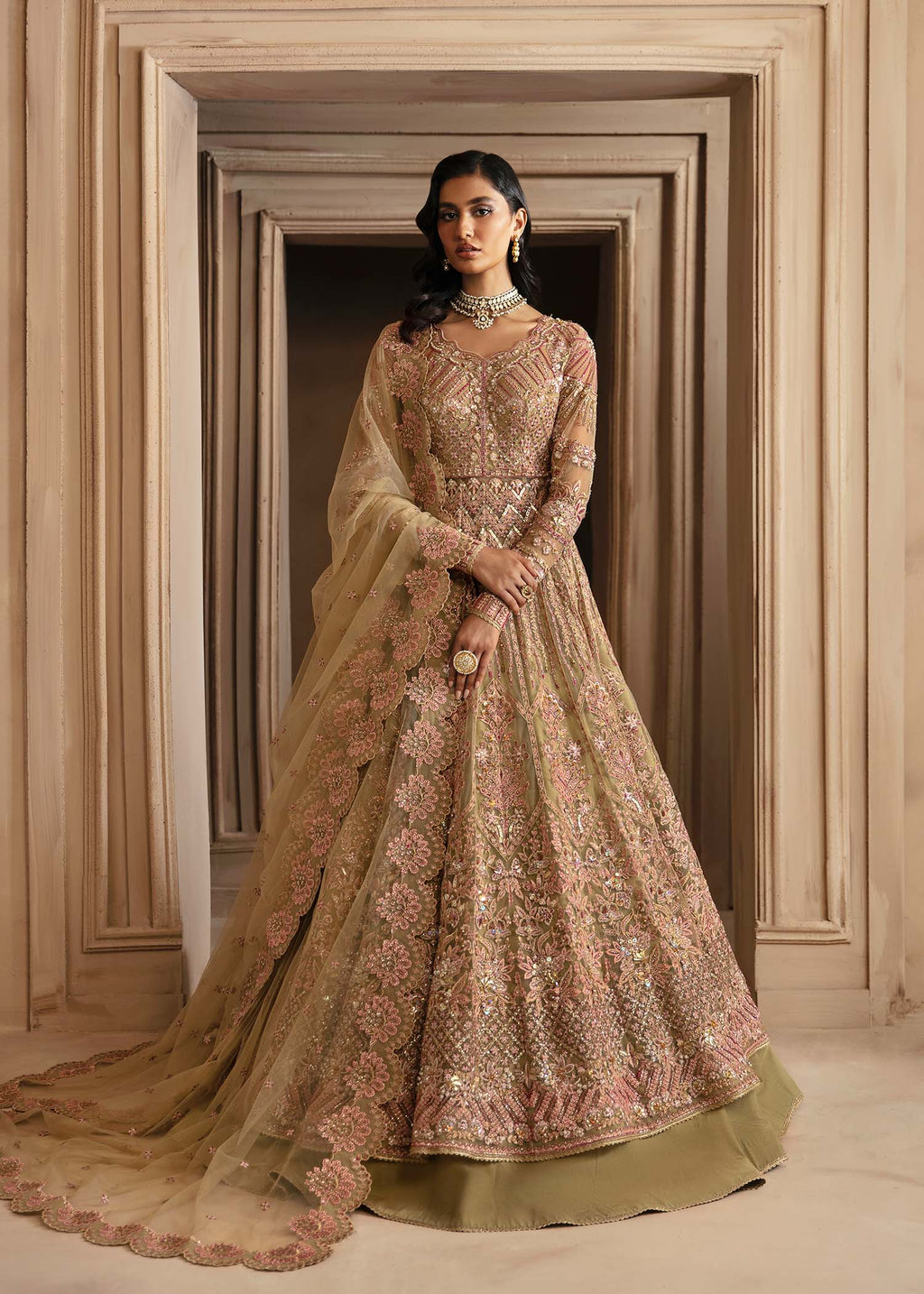 Pakistani Muted Gold Hand-Embellished Net Lehenga (3-Piece) - Image 1