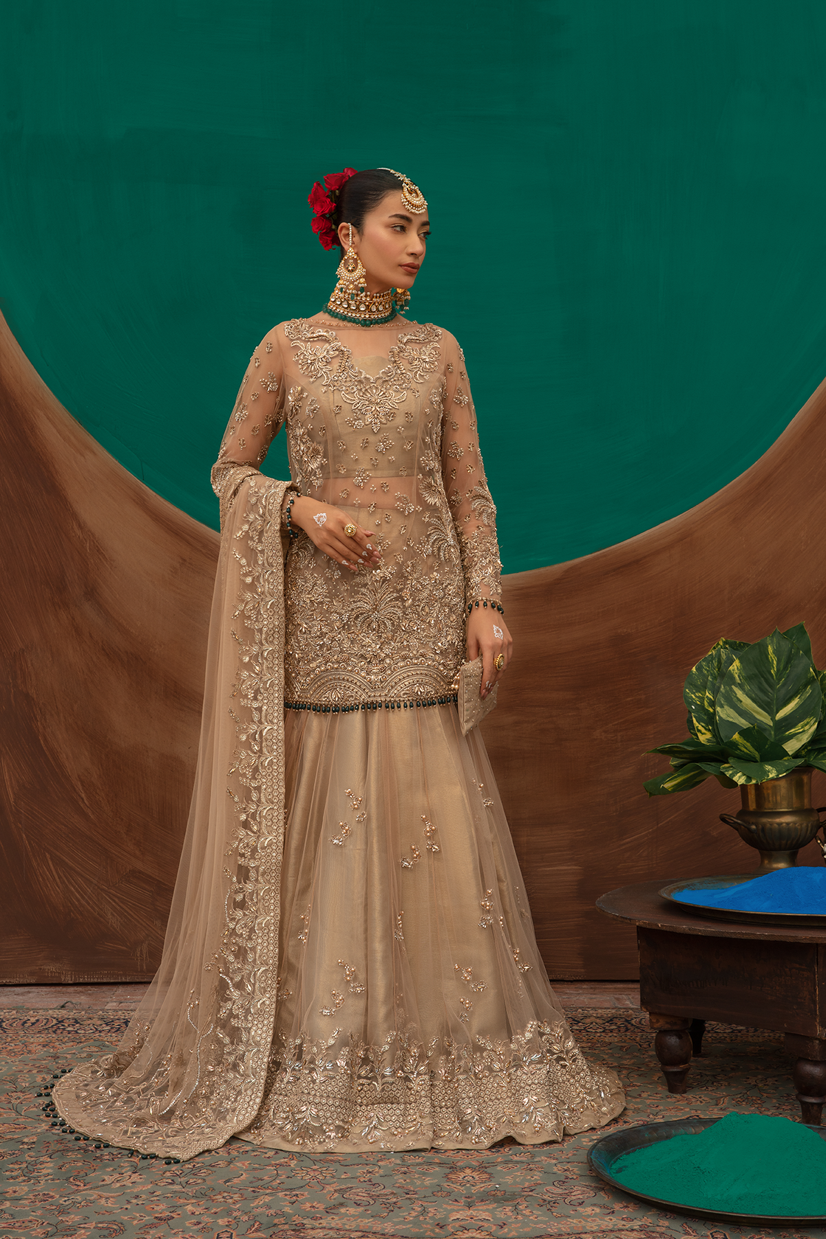 Gold Embellished Net Mermaid Lehenga (3-Piece) - Image 3