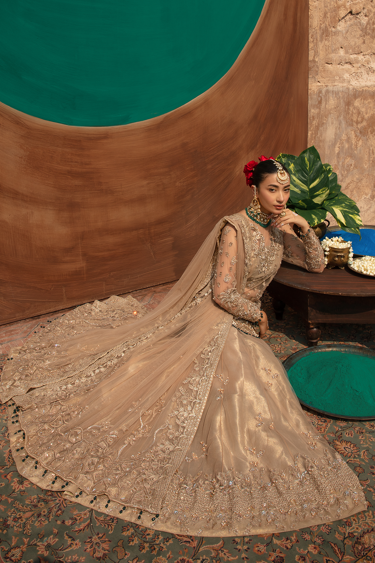 Gold Embellished Net Mermaid Lehenga (3-Piece) - Image 7