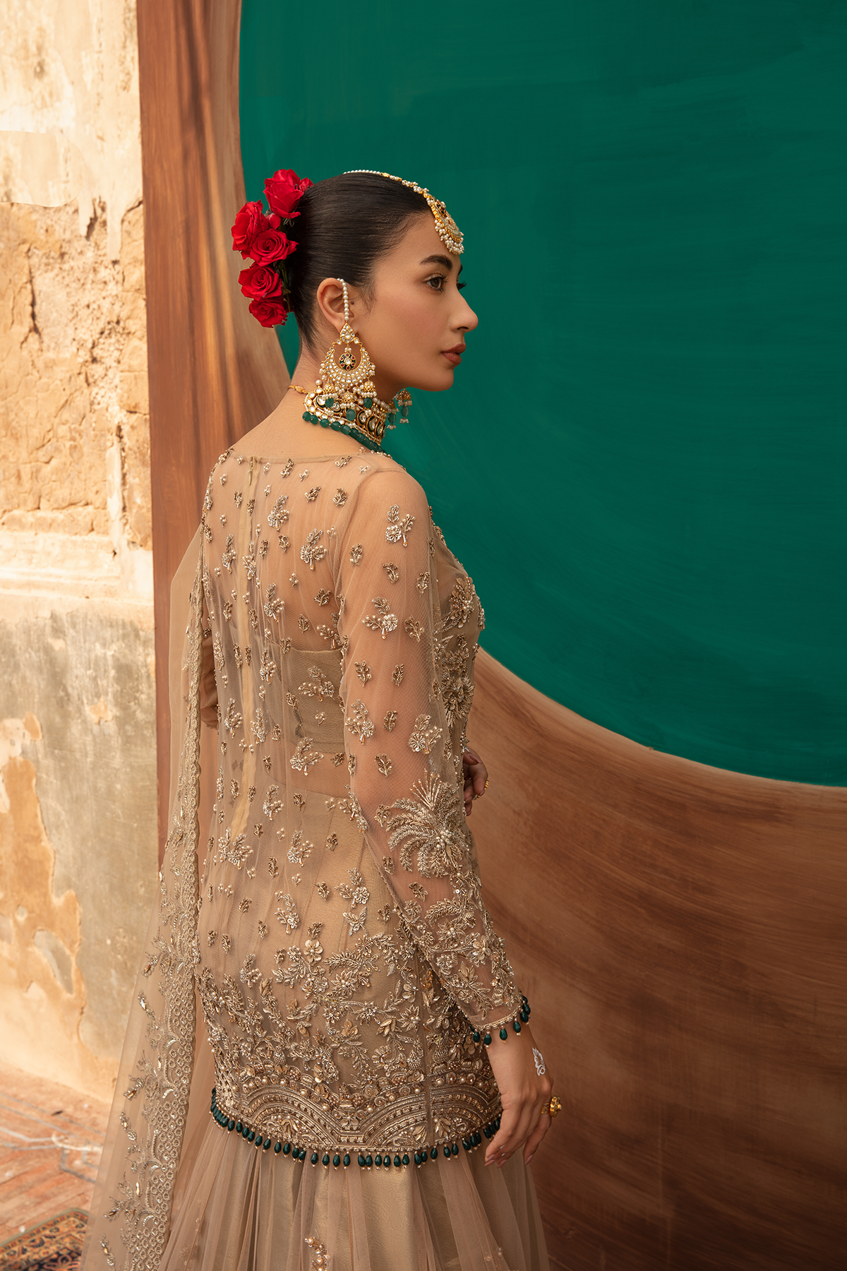 Gold Embellished Net Mermaid Lehenga (3-Piece) - Image 9